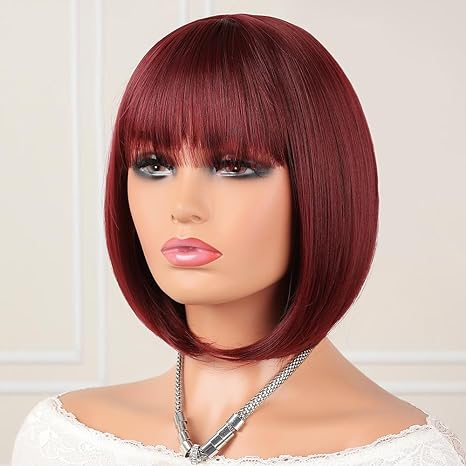 Lumiere A1 Customized Red Color #Burg Bob Wig with Bangs 14 inch Short Bob Wigs for Women Straight Bob Full Machine Wig