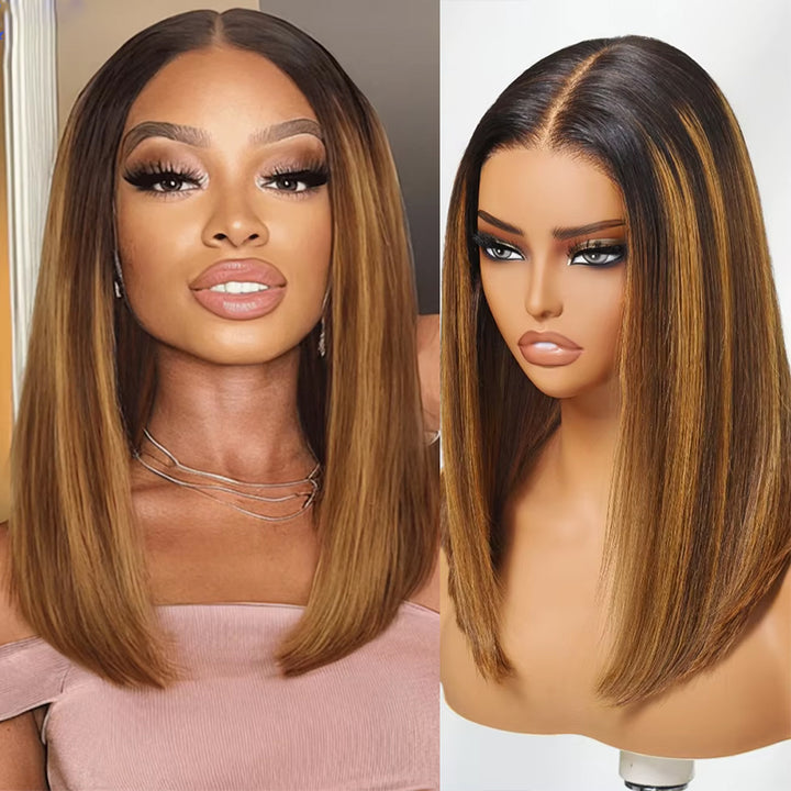 Lumiere Blunt Cut 13x4 Lace Brown Piano Highlights Straight Bob Wig With Dark Roots Bob Wigs Human Hair Ready To Wear