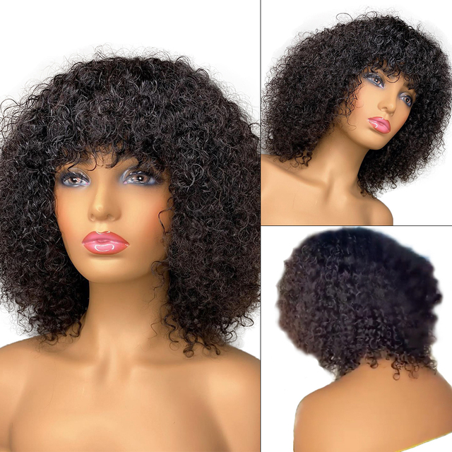 Highlight Blonde / Natural Black Kinky Curly Short Pixie Bob Cut With Bang None lace front Wig For Women