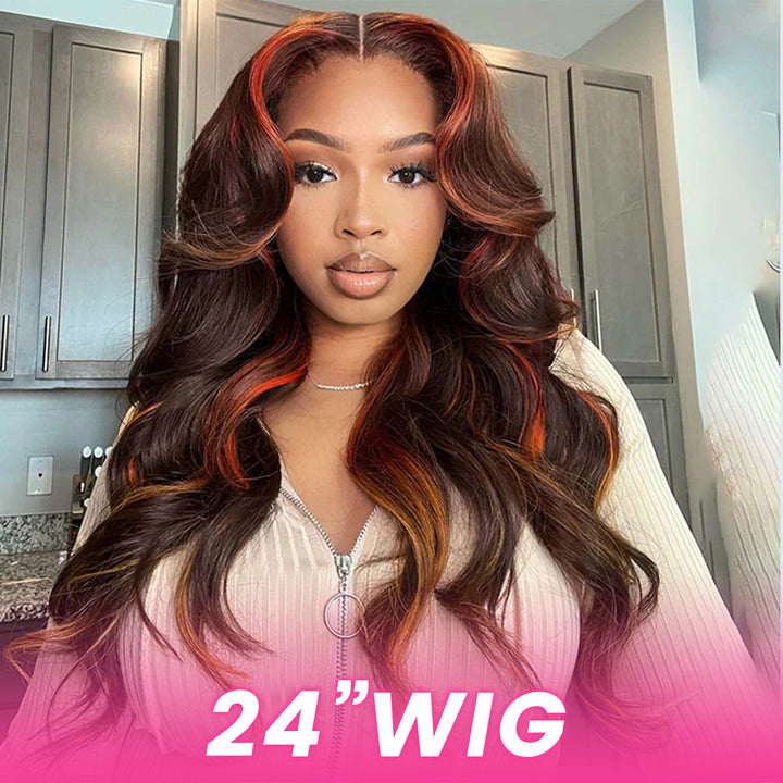 Lumiere Ginger Highlights On Brown Hair Multi Colored Lace Front skunk stripe Body Wave Wig Brown with Mixed Orange Yellow Human Hair Wig