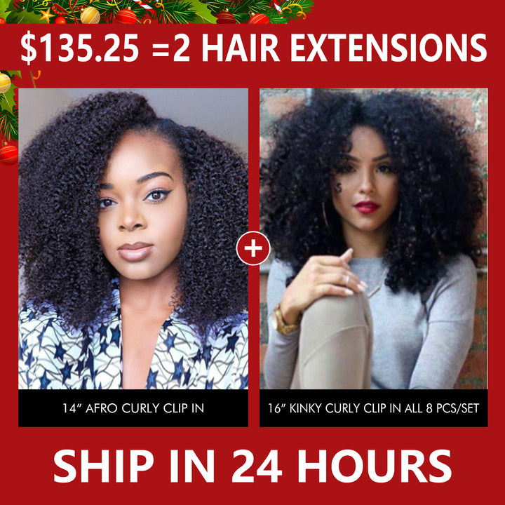 Big Sale: $135.25=14" Afro Curly + 16" Kinky Curly Clip In 8 Pcs/Set Hairs