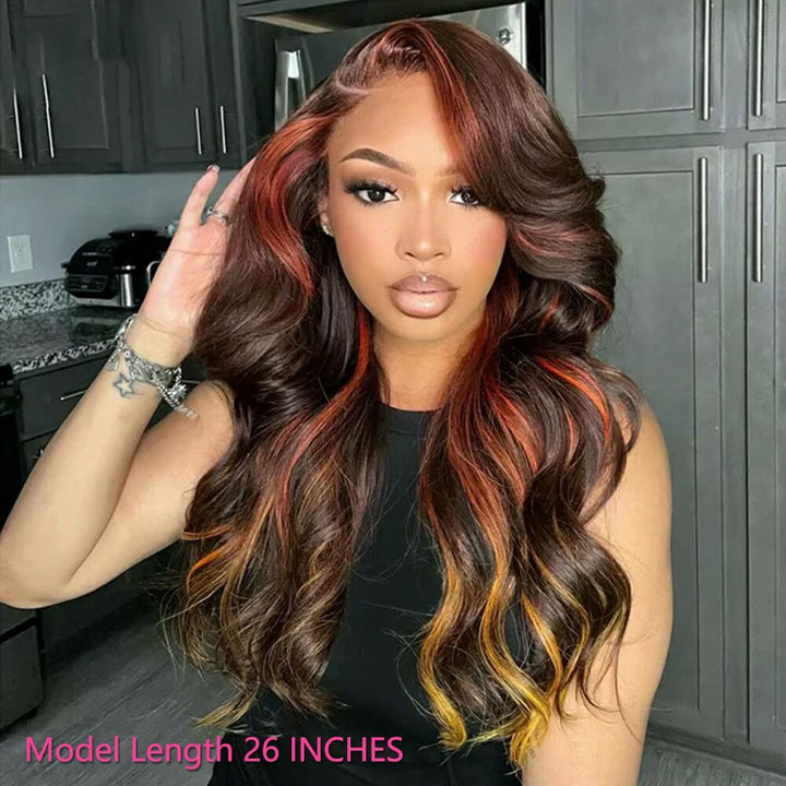 Lumiere Skunk Stripe Ginger Highlights On Brown Hair 13x4 Lace Body Wave Lace Frontal Human Hair Wig (WG95)