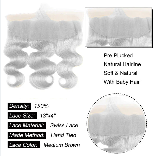 Silver Grey Body Wave 3 Bundles With 13x4 Lace Frontal Human Hair Extensions