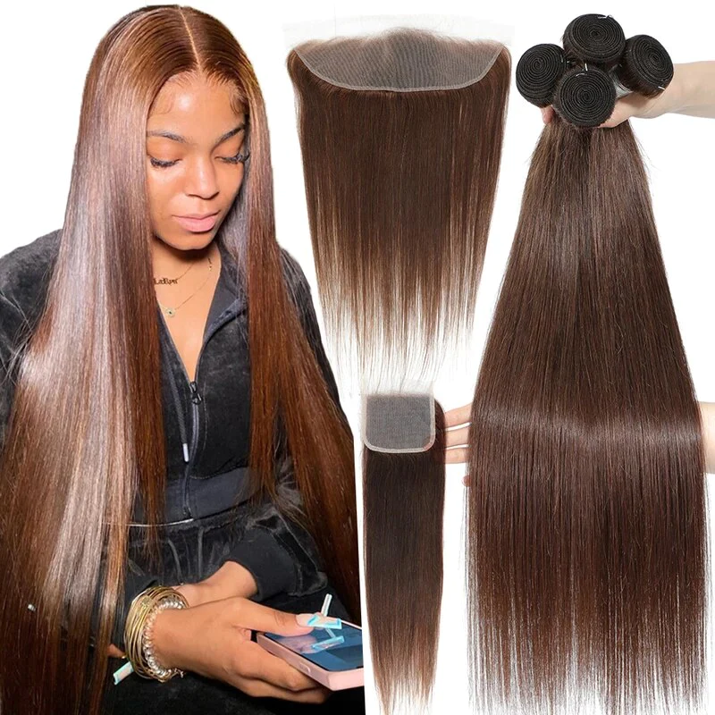 lumiere #4 Brown Straight Hair 4 Bundles With 13x4 Lace Frontal Pre Colored Ear To Ear(No Code Need)