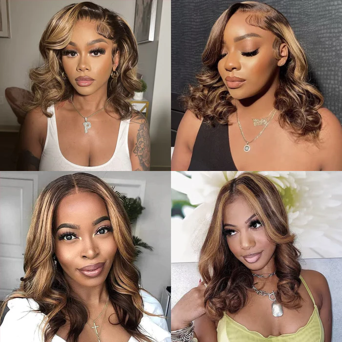 Lumiere A1 Customized Body Wave P4/27 Highlight Short Bob Wigs 4x4 Lace Front Human Hair Wigs with Baby Hair