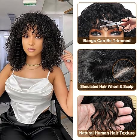 Lumiere A1 Customized Natural Black Short Water Bob Human Hair Wig with Bangs Brazilian Non Lace Front Wig For Black Women