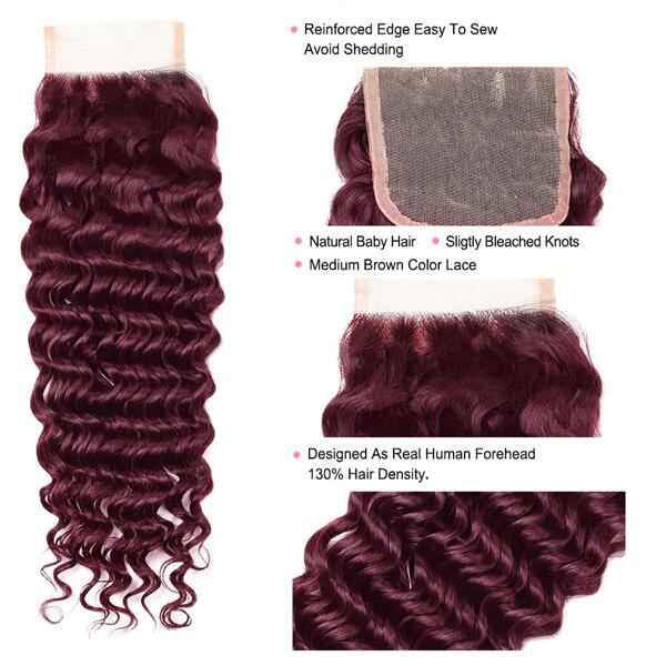 99J Deep Wave 4x4 Closure Remy 100% Human Hair Extensions