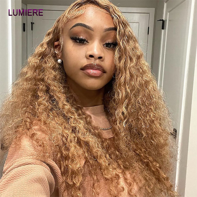 #27 Honey Blonde Kinky Curly 3 Bundles With 4X4 Lace Closure For Women Human Hair