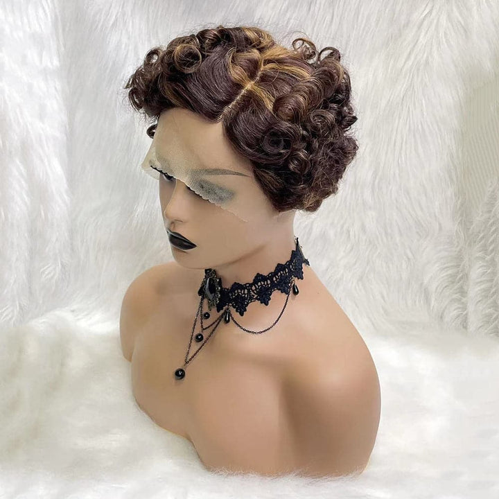 #4/30 Short Pixie Cut Curly Wig  Short Bob Human Hair Wigs 150% Density Plucked Hairline Short Curly Lace Wig