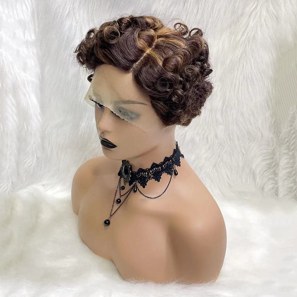 #4/30 Short Pixie Cut Curly Wig  Short Bob Human Hair Wigs 150% Density Pre Plucked Hairline Short Curly Lace Wig