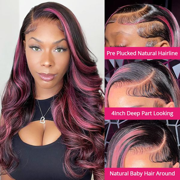 Hot Pink et Black Skunk Stripe Cheveux Raides 13x4 Lace Frontal sans colle Perruques Pré-plumées 