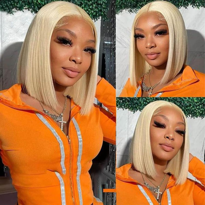 613 Blonde Short Bob Wig Straight Human Hair Transparent 13x4 Lace Frontal Wigs | Lumiere