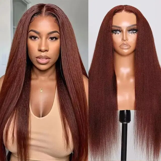 Lumiere Hair Color #33 Reddish Brown Kinky Straight Pre-cut lace Glueless Wig 4x4 & 5x5 lace Wig For Black Women