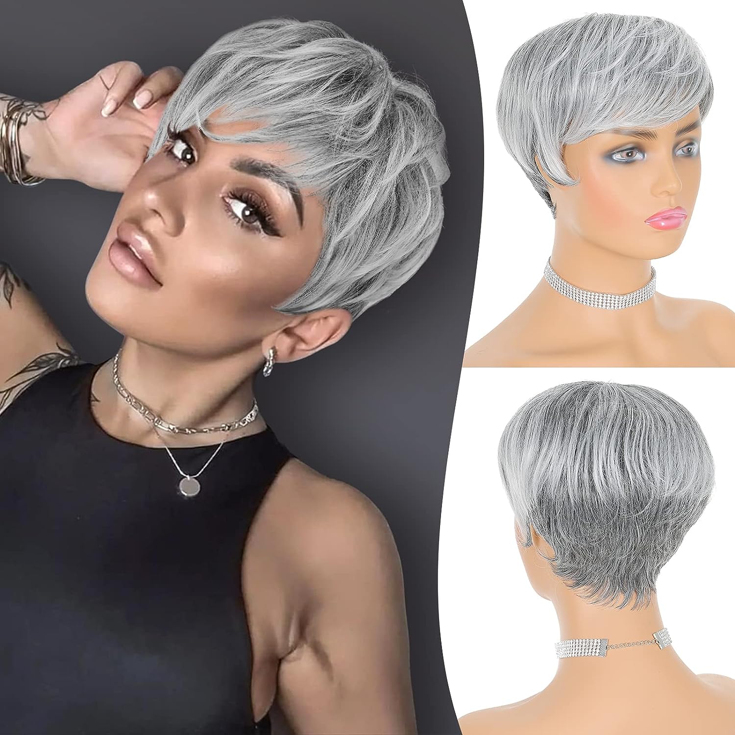 New Pixie Cut Dark Grey Granny Grey Short Straight Pixie Cut Hair Huma Lumiere Hair