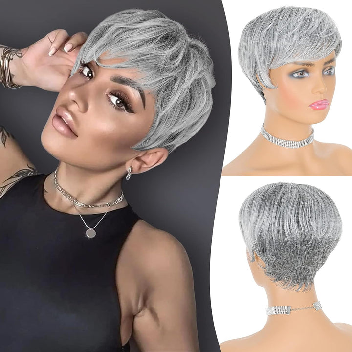 New Pixie Cut Salt Pepper Dark Grey Granny Grey Short Straight Pixie Cut Hair Human Hair Machine Made Wig for Women