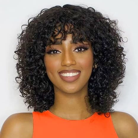 Lumiere A1 Customized Curly Short Bob Human Hair Wigs with Bangs None Lace Front Human Hair Wigs for Black Women 14 inch HDZ-32