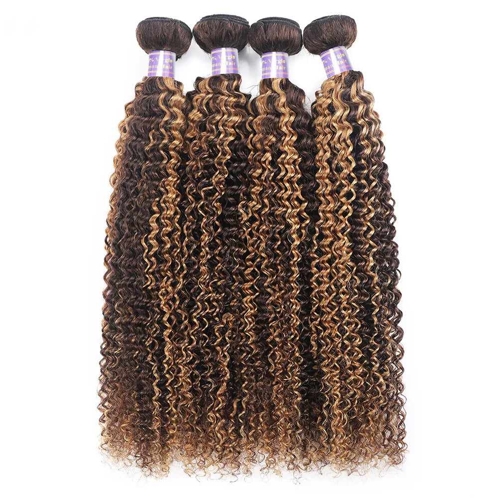 P4/27 Highlight Kinky Curly 4 Bundles Brazilian Remy Ombre Hair
