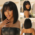 Bob Short Straight Wigs with Bangs Full Machine Natural Black Human Hair Wigs for Women