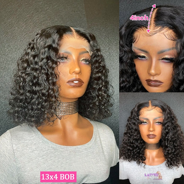 Deep Wave Short Bob Guleless Wig Lace Frontal Human Hair 180% Density