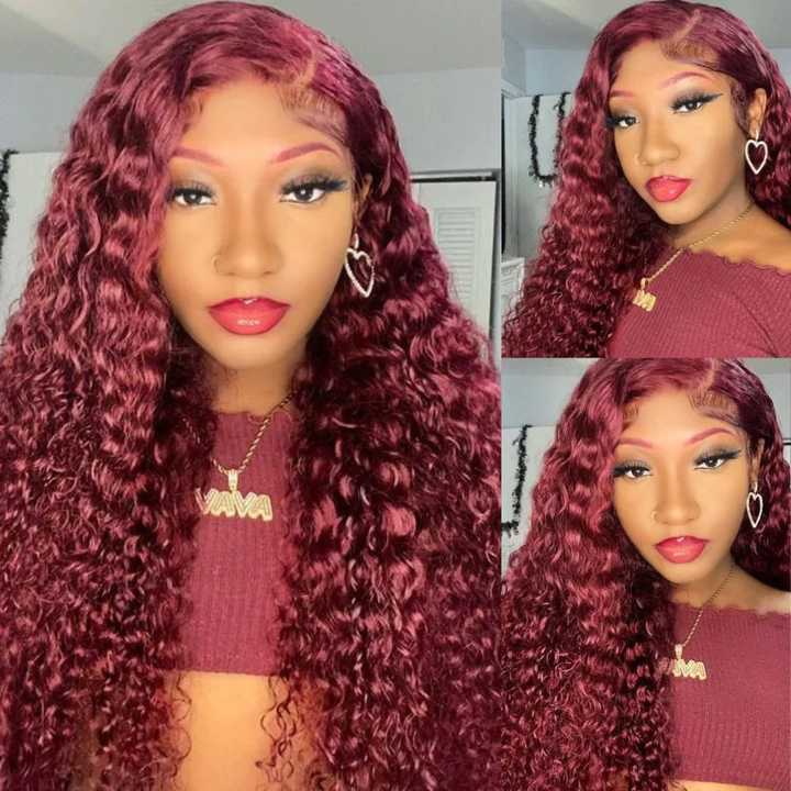Customized #Burg Colored Curly Human Hair Wigs 250% Density HD Transparent 13X4 Lace Frontal Red Wine Hair | Lumiere