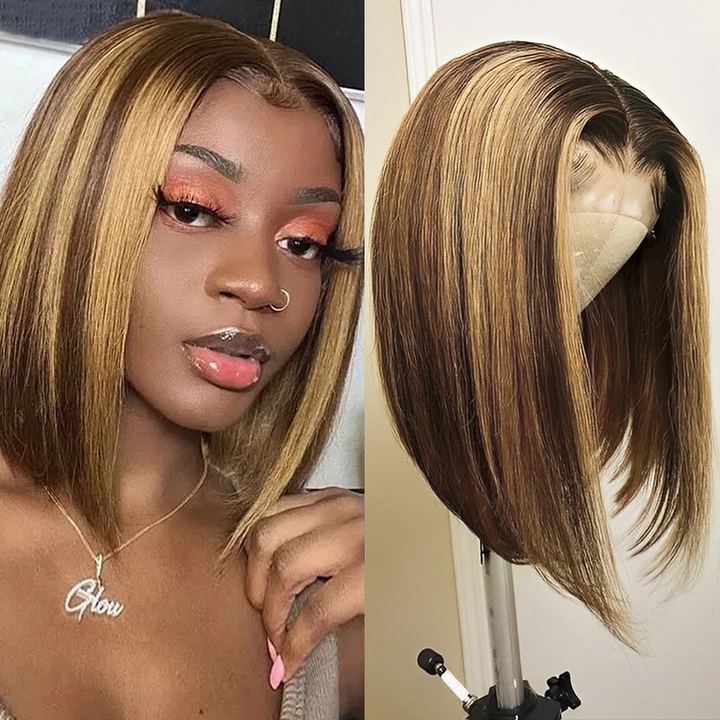 Glueless Human Hair P4/27 Highlight Edges Brown Straight Short Bob Wig 4x4 Lace Front Wigs Preplucked Lace Closure Wig