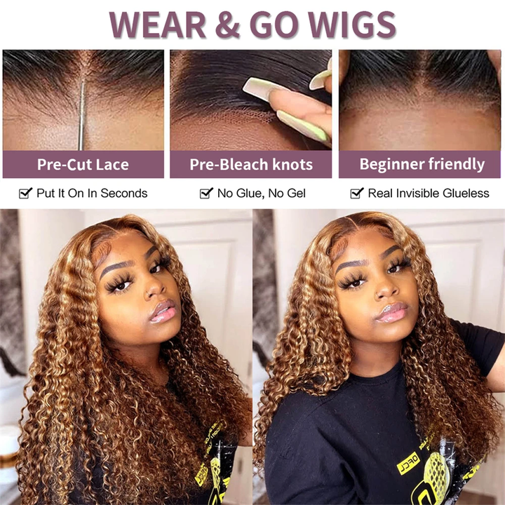 Lumiere Hair Pre-cut Glueless lace Wig Highlight Color P4/27 Water Wave 4x4 & 5x5 lace Wig For Black Women