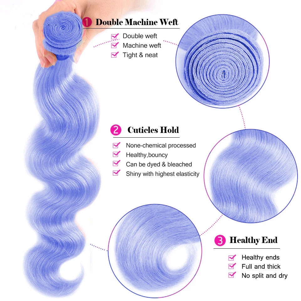 Light Violet Blue Color Body 3 Bundles With 13X4 Lace Frontal Human Hair