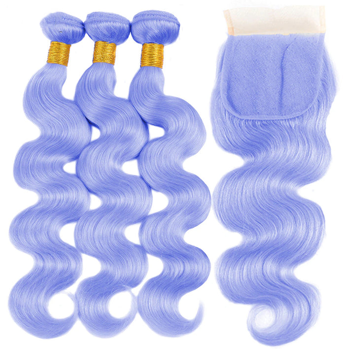 Light Violet Blue Body 3 Bundles With 4X4 Lace Closure Brazilian Human Hair