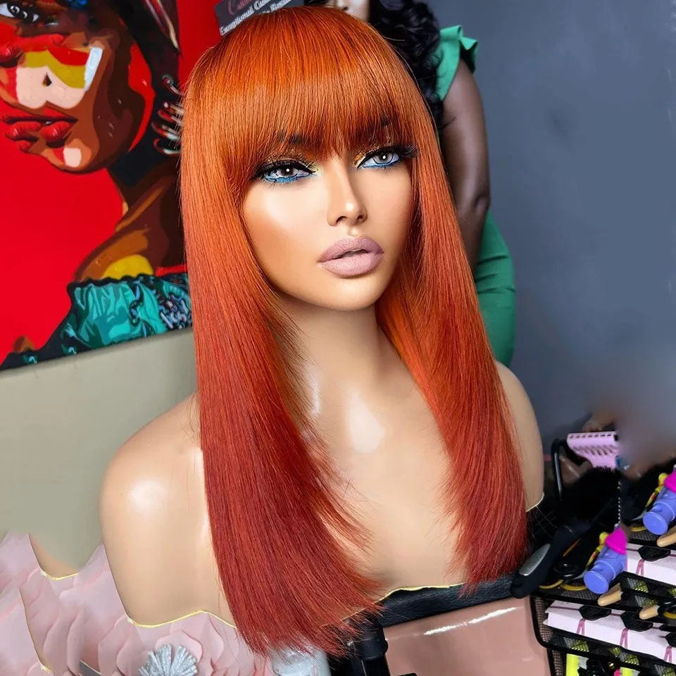 Lumiere Straight 13x4 HD Lace Front 150% Density Human Hair Ginger Red Colored Bone Wigs With Bangs For Black Women HDZ