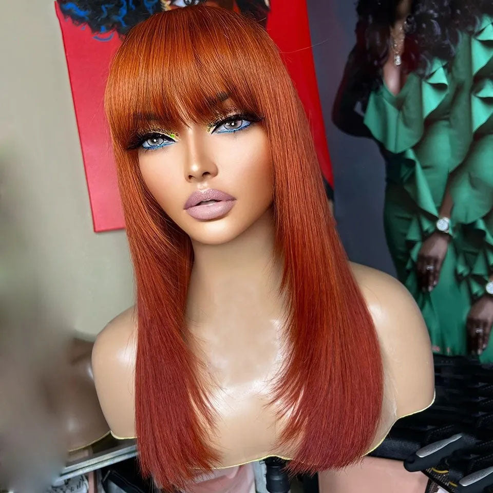 Lumiere Ginger Red Colored Bone Straight 13x4 HD Lace Front 150% Density Human Hair Wigs With Bangs For Black Women HDZ