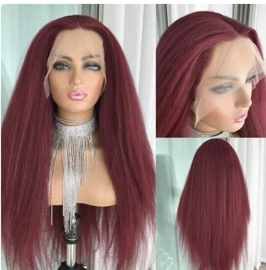 Soft 99j Burgundy Kinky Straight Yaki 13x4 Lace Front Wig 180% Density For Black Women With Babyhair Daily Wine