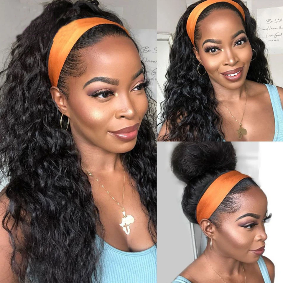 Soft Water Wave Headband None Lace Human Hair Wig For Black Women