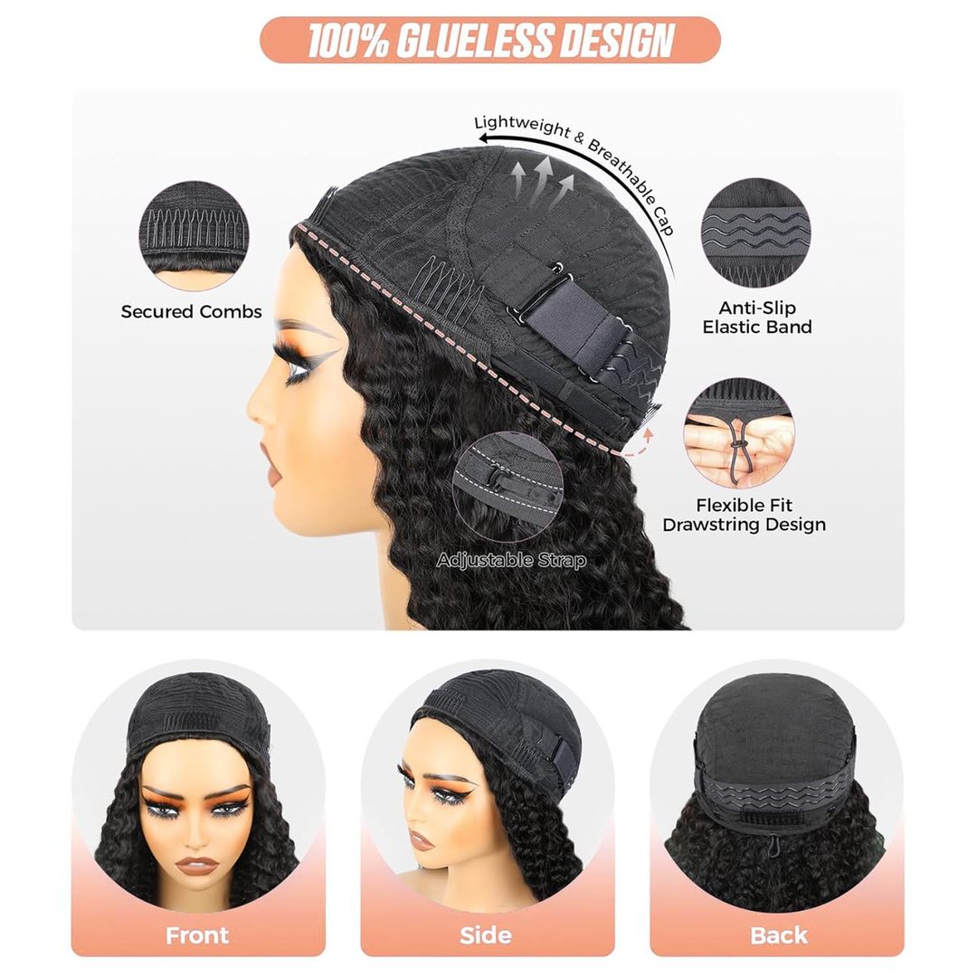 [3 In 1 Half ] Afro Curly Half Wig with Elastic Band Glueless Wear & Go Drawstring Band  Human Hair Black Color