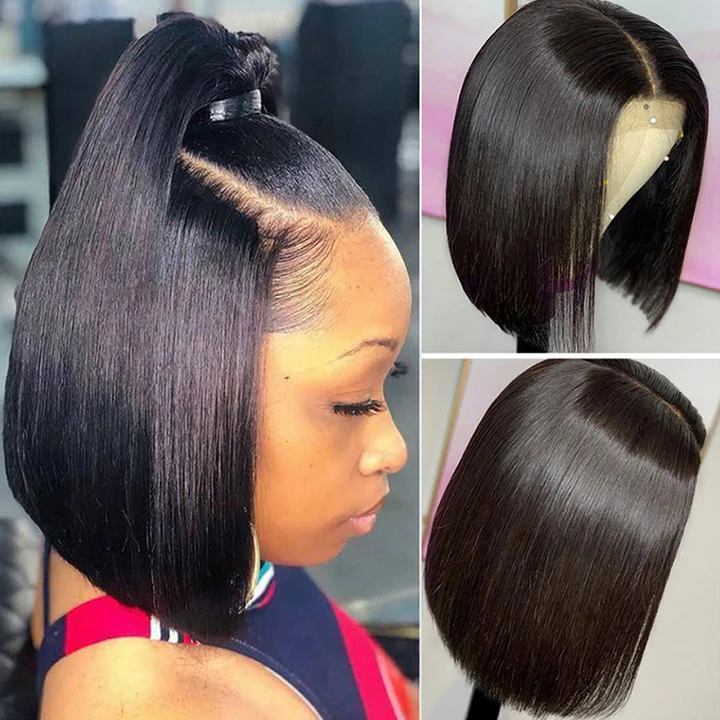 Natural Black Glueless Straight Bob Transparent Lace Wig 10A Double Drawn Human Hair