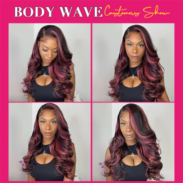 Hot Pink and Black Skunk Stripe Body Wave 13x4 HD Lace Front Human Hair Wigs With Purple Red Highlights Lace frontal Wigs
