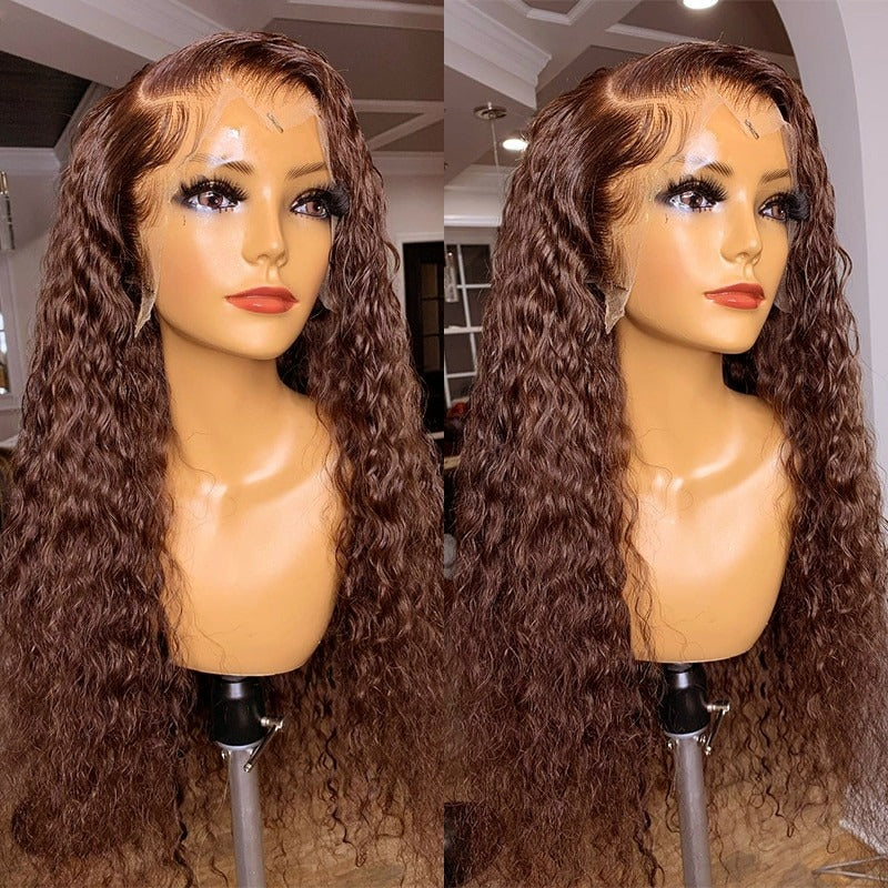 Chocolate Dark Brown Deep Curly Lace Closure &Frontal Wigs Brazilian 180% Density