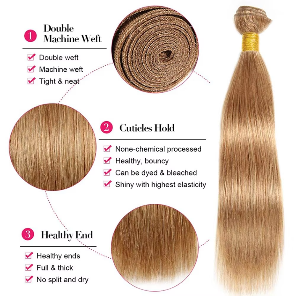 #27 Honey Blonde Straight Human Hair 3 Bundles With 5x5/6x6 Closure 10 ...