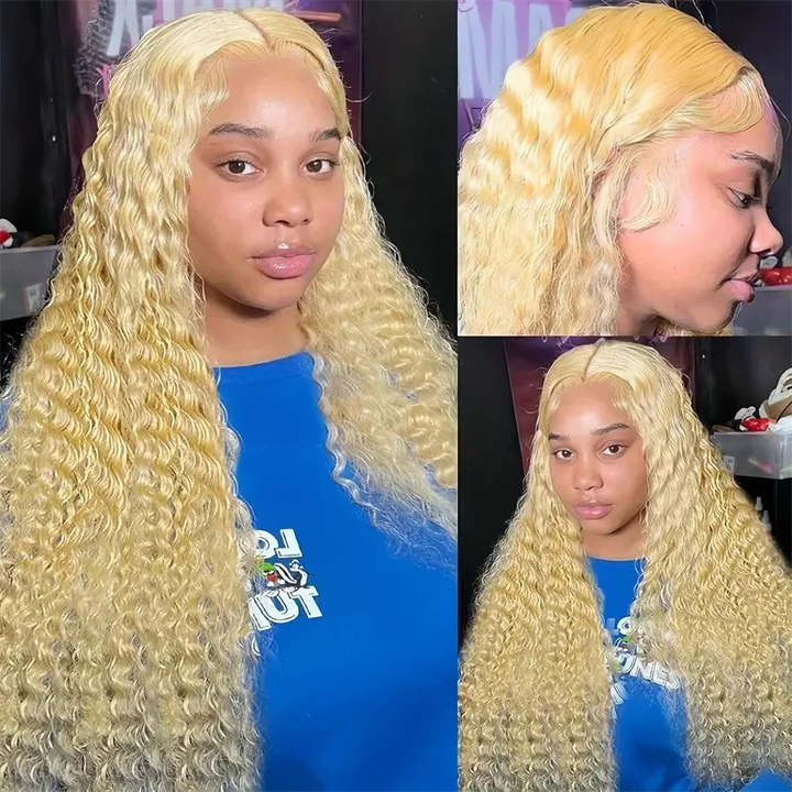 613 Blonde Kinky Curly HD Transparent Lace Frontal Pre Plucked Human Hair Wigs