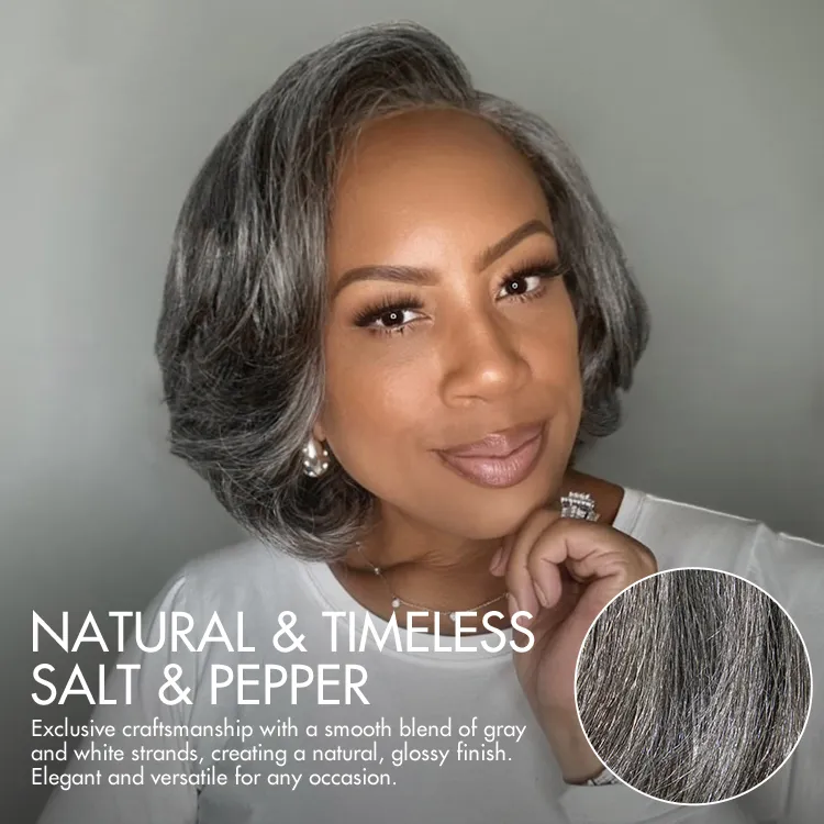 Lumiere Ready To Go Salt & Pepper Layered Bob Pre-Cut Left C Part 4x6x1 Lace Frontal Grey Wig Human Hair