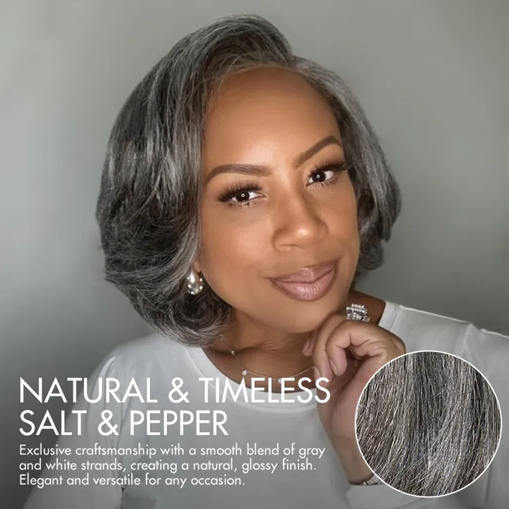 Lumiere Ready To Go Salt & Pepper Layered Bob Pre-Cut Left C Part 4x6x1 Lace Frontal Grey Wig Human Hair