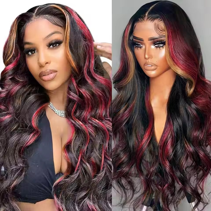 WG-91 Highlight Skunk Stripe 99J Blonde Body/Straight Wave 13x4 Lace Front Wig For Women