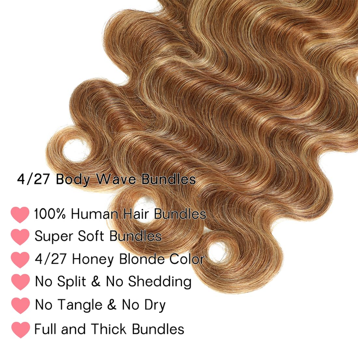 Highlight P4/27 Ombre Colored Body Wave 3 Bundles With 4X4 Lace Closure