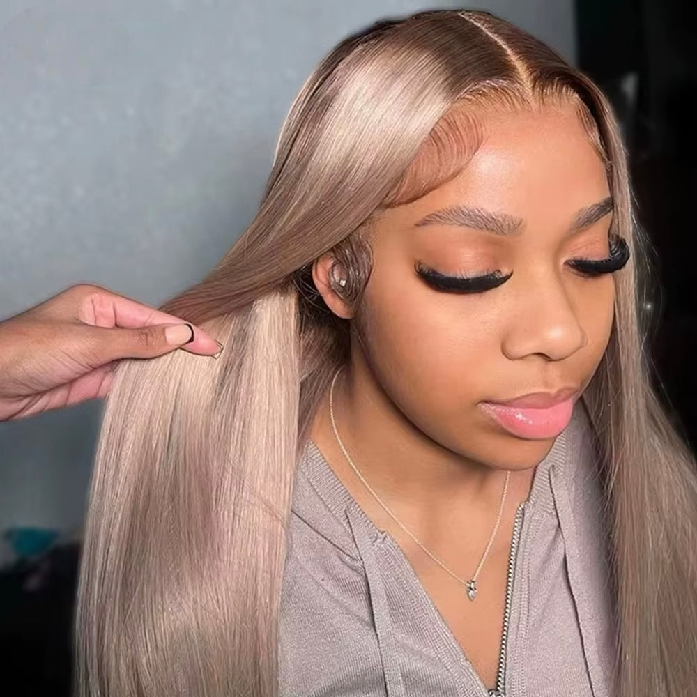 Pink Blonde With Brown Root 4 Ombre Lace Front Wigs Silky Straight/Body Root4/Pink Blonde Human Hair Wig 200% Density