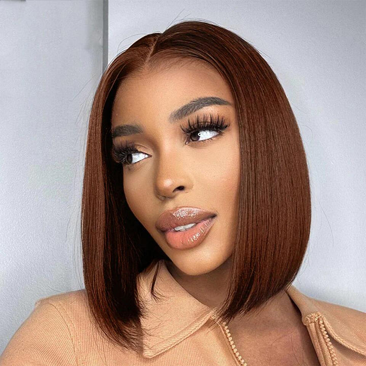 Lumiere Blunt Cut Short Bob Wigs #4 Brown Colored Straight Human Hair 13x4 Lace Front Wigs