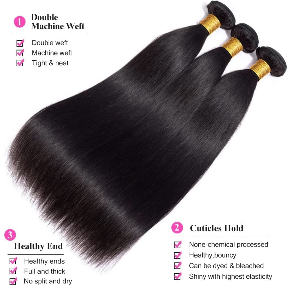 (B2) 3 Bundles Straight Virgin Human Hair Extensions 100% Human Hair