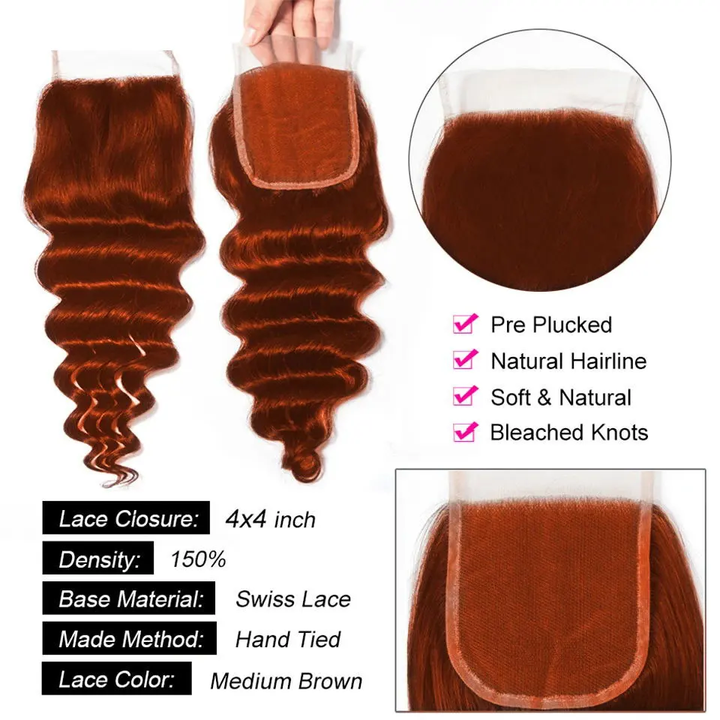 # 350 Ginger Color Loose Wave 3 Bundles avec fermeture à lacet 4x4 