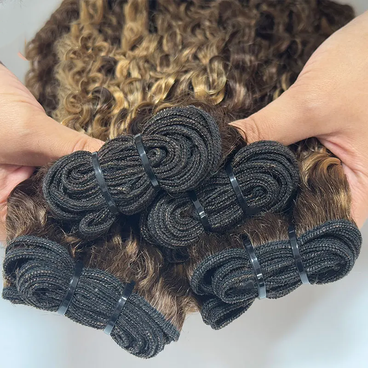 Highlight P4/27 Colored Burmese Curly 4 Bundles Pixie Curls Human Hair Bundles Ocean Spirals Curly
