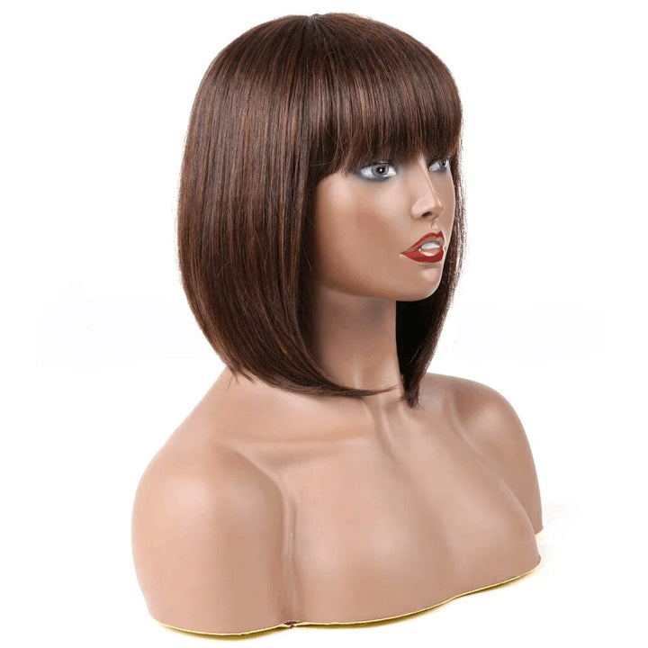 New Pixie Cut #4 Brown Straight Bob Wig 12 Inch Sweet Trendy Short Hair with Bangs No Lace Full Machine Wig