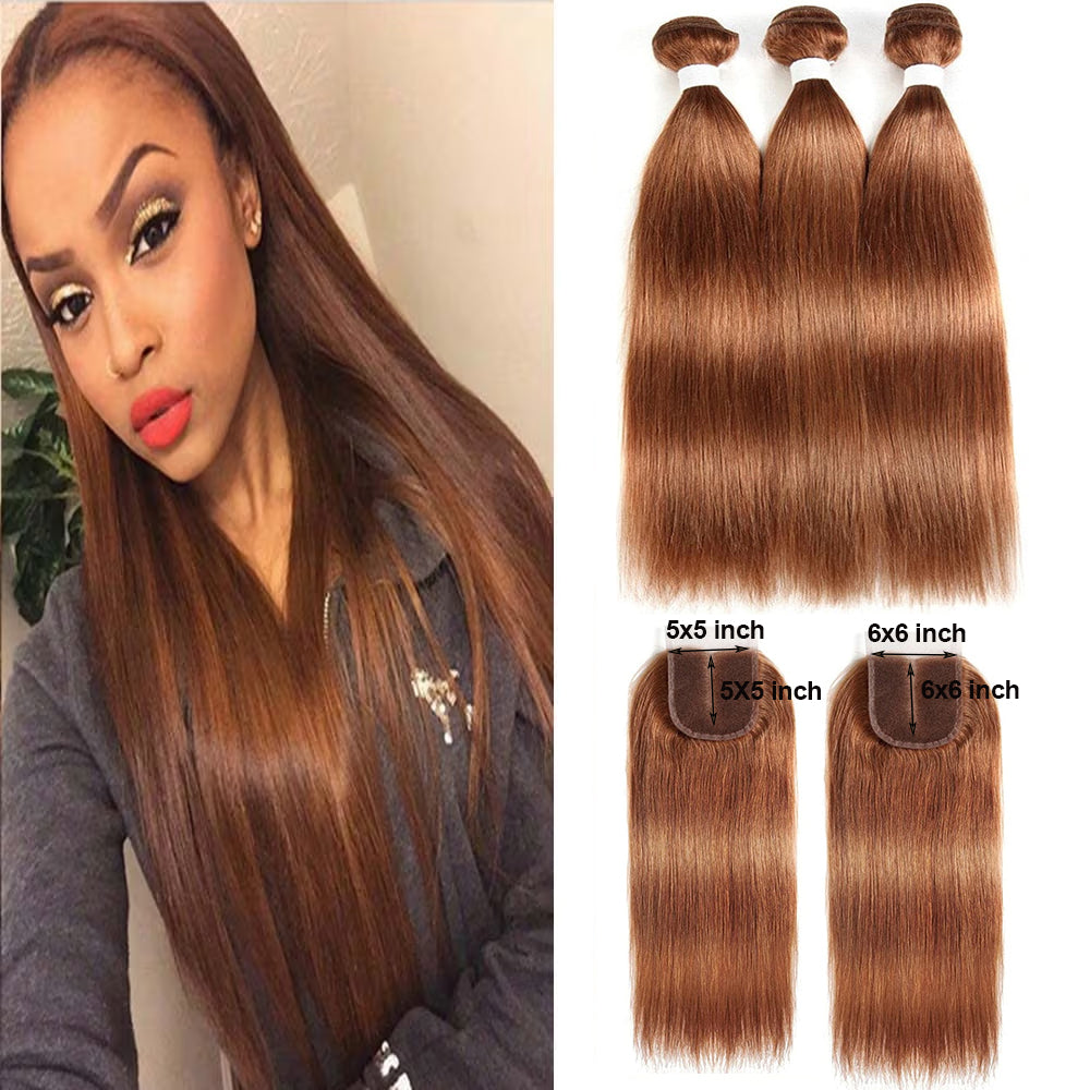 #30 Brown Straight Human Hair 3 Bundles With 5x5/6x6 Closure Brazilian Human Hair Weaving Bundles With HD Closure