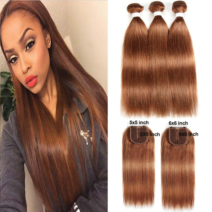 #30 Brown Straight Human Hair 3 Bundles With 5x5/6x6 Closure Brazilian Human Hair Weaving Bundles With HD Closure